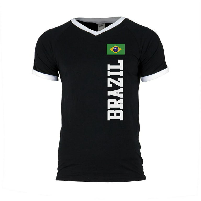 World Cup Brazil Mens Soccer Jersey V-Neck T-Shirt Black-White 2XL
