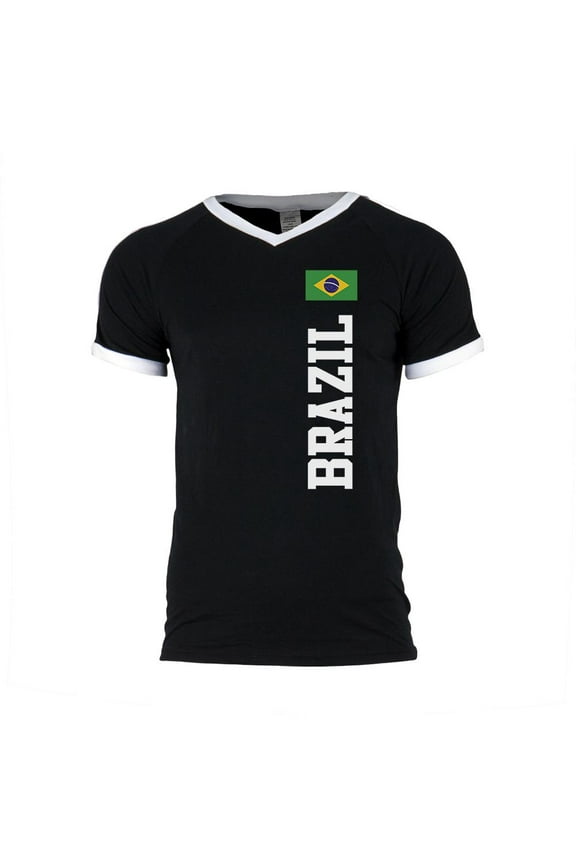 World Cup Brazil Mens Soccer Jersey V-Neck T-Shirt Black-White 2XL