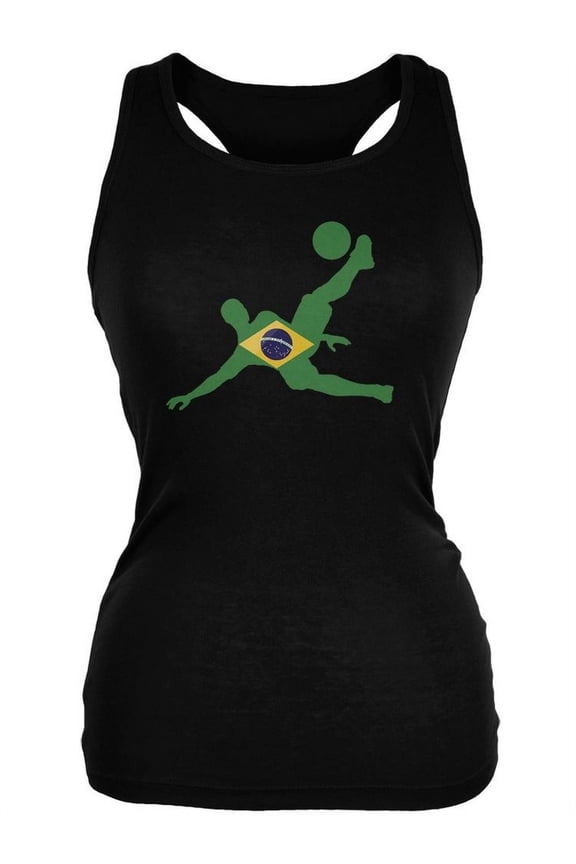 Brazil Soccer Kick Flag Silhouette Black Juniors Soft Tank Top - Small