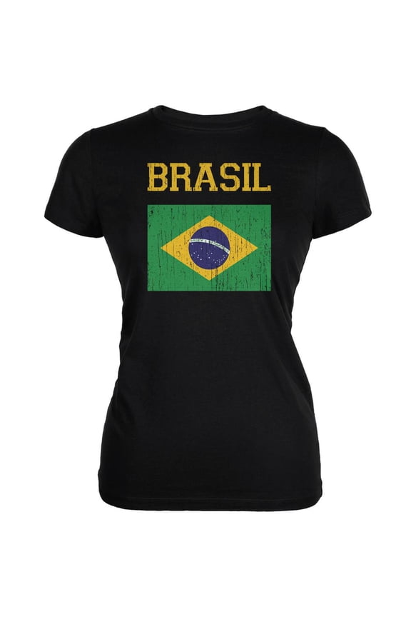 World Cup Distressed Flag Brasil Black Juniors Soft T-Shirt - Medium
