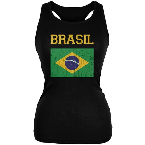 World Cup Distressed Flag Brasil Black Juniors Soft Tank Top - Large