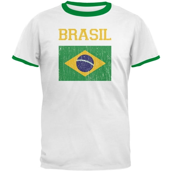 World Cup Distressed Flag Brasil White/Kelly Men's Ringer T-Shirt - X-Large