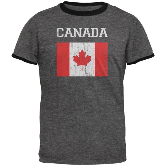 World Cup Distressed Flag Canada Mens Ringer T Shirt Dark Heather-Black X-LG