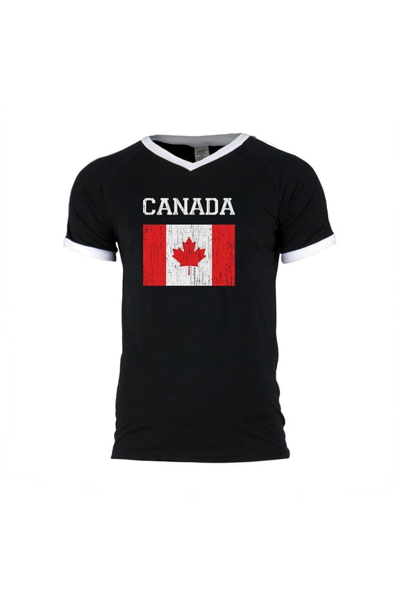 World Cup Distressed Flag Canada Mens Soccer Jersey V-Neck T-Shirt Black-White 2XL