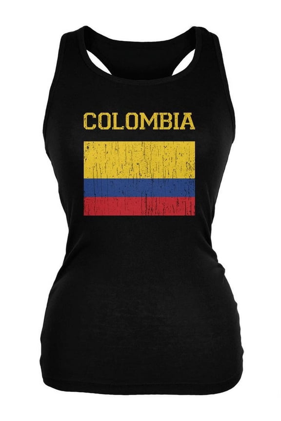 World Cup Distressed Flag Colombia Black Juniors Soft Tank Top - Large