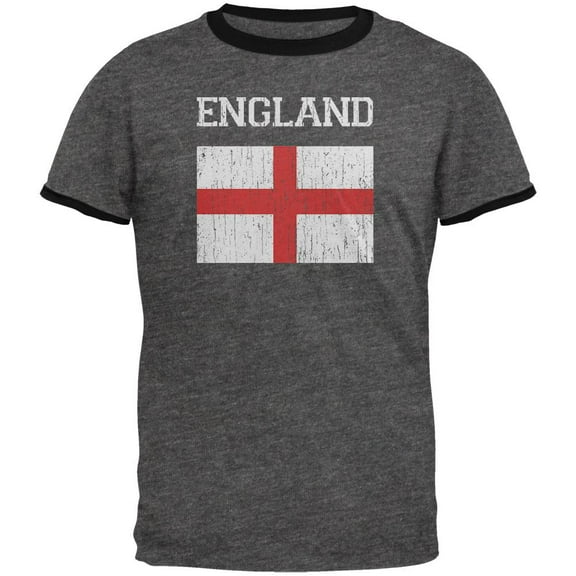 World Cup Distressed Flag England Mens Ringer T Shirt Dark Heather-Black 2XL