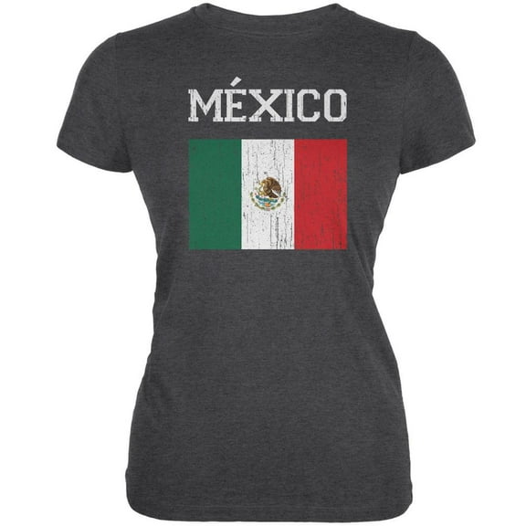 World Cup Distressed Flag Mexico Dark Heather Juniors Soft T-Shirt - X-Large