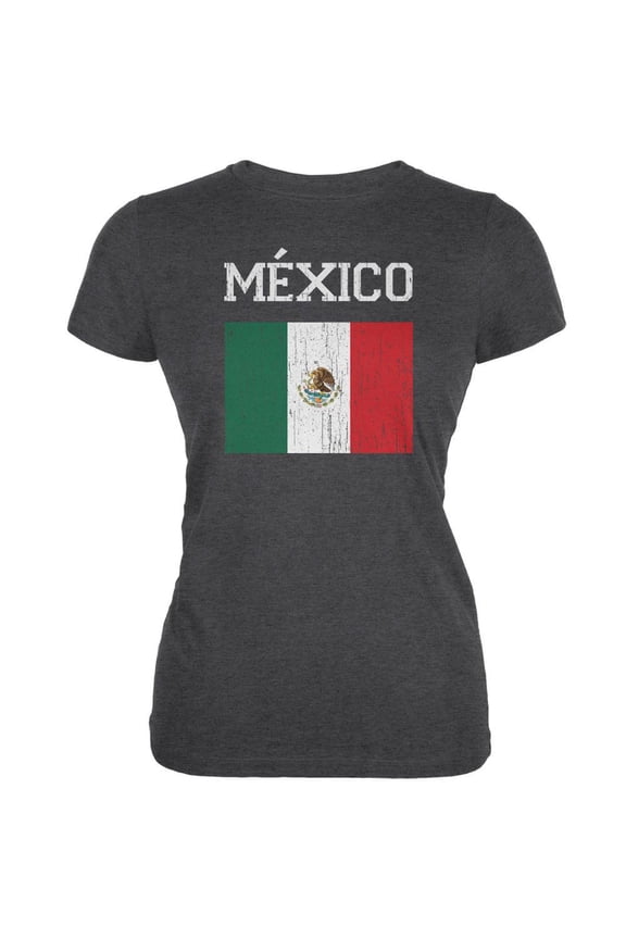 World Cup Distressed Flag Mexico Dark Heather Juniors Soft T-Shirt - X-Large