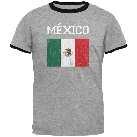 World Cup Distressed Flag Mexico Mens Ringer T Shirt Heather-Black MD