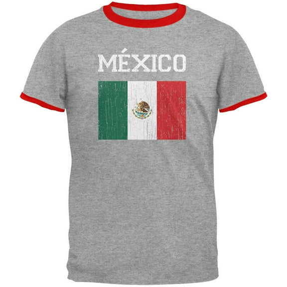 World Cup Distressed Flag Mexico Mens Ringer T Shirt Heather-Red SM