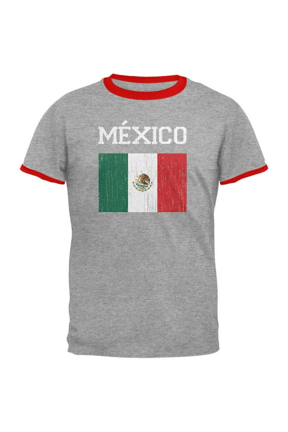 World Cup Distressed Flag Mexico Mens Ringer T Shirt Heather-Red SM