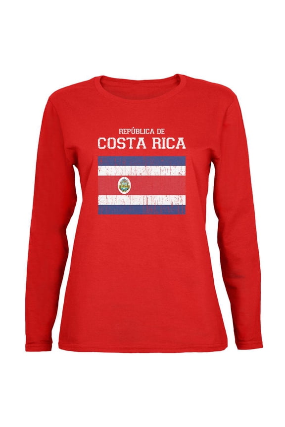 World Cup Distressed Flag Republica de Costa Rica Red Womens Long Sleeve T-Shirt - 2X-Large
