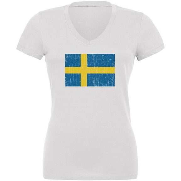 World Cup Distressed Flag Swedish Sweden Juniors V-Neck T Shirt White MD