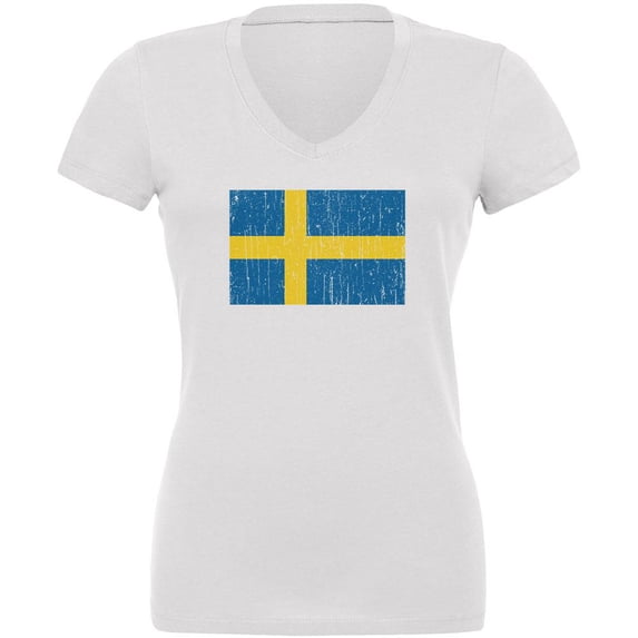 World Cup Distressed Flag Swedish Sweden Juniors V-Neck T Shirt White SM