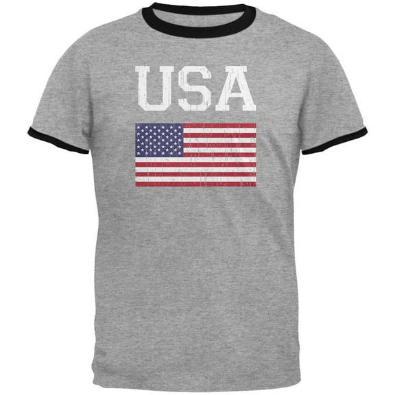World Cup Distressed Flag USA Mens Ringer T Shirt Heather-Black X-LG