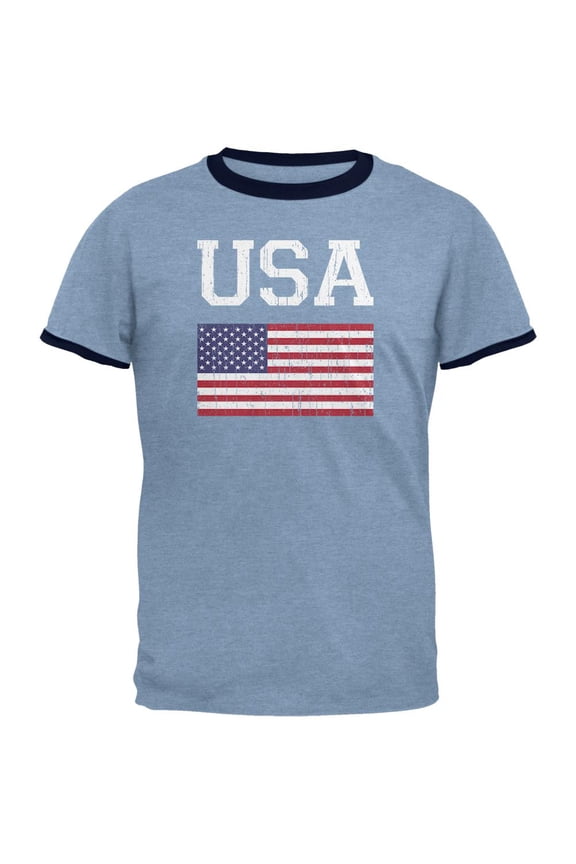 World Cup Distressed Flag USA Mens Ringer T Shirt Heather Blue-Navy SM