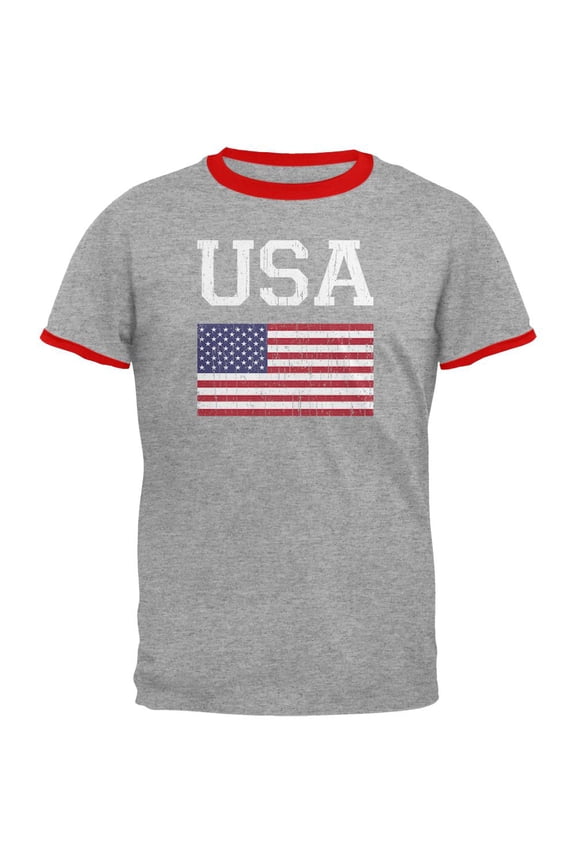 World Cup Distressed Flag USA Mens Ringer T Shirt Heather-Red MD