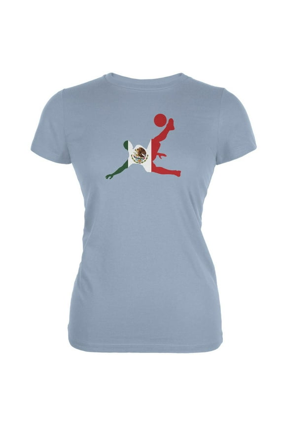 Mexico Soccer Kick Flag Silhouette Light Blue Juniors Soft T-Shirt - X-Large