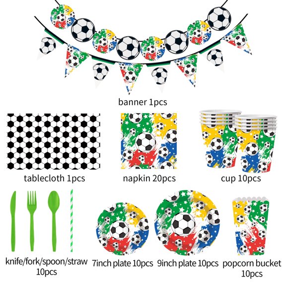 World Cup Soccer Party Supplies Disposable Tableware Set Serves 10 Guests, Includes Plates, Cups, Napkins, Cutlery, Banner, Tablecloth for Game Day Viewing Parties, Birthdays & Soccer Events