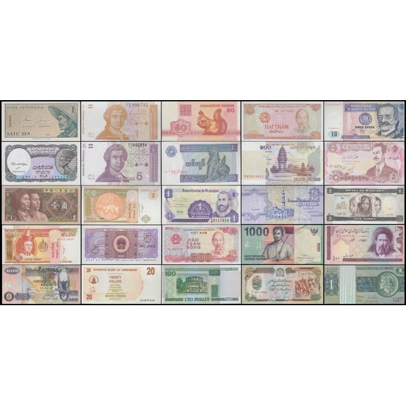 World Currency Uncirculated Banknote Set - Lot of 25 Different Foreign Banknotes Collection