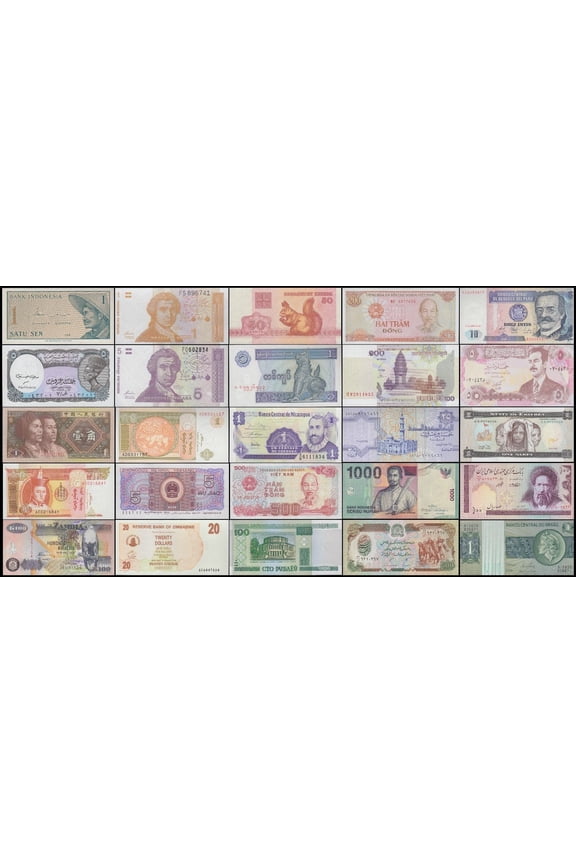 World Currency Uncirculated Banknote Set - Lot of 25 Different Foreign Banknotes Collection
