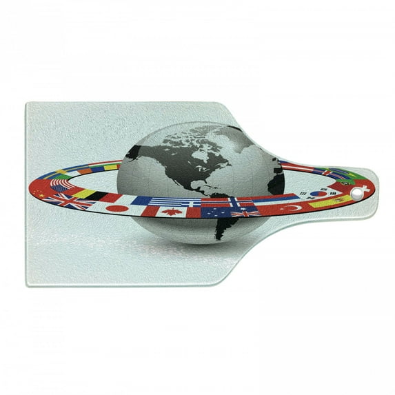 World Cutting Board, Earth Planet and Orbit with National Flags International Composition with Countries, Tempered Glass Cutting and Serving Board, Wine Bottle Shape, Multicolor, by Ambesonne