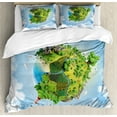 thumbnail image 1 of World Duvet Cover Set, Cartoon Style Globe with Greenery Peaceful Idyllic Country Cloudy Sky, Decorative 3 Piece Bedding Set with 2 Pillow Shams, King Size, Green Pale Blue White, by Ambesonne, 1 of 3