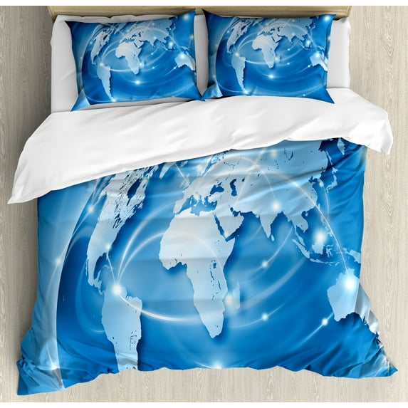 World Duvet Cover Set, Connected World Concept Business Commerce Network Corporation Information, Decorative 3 Piece Bedding Set with 2 Pillow Shams, King Size, Blue Pale Blue White, by Ambesonne