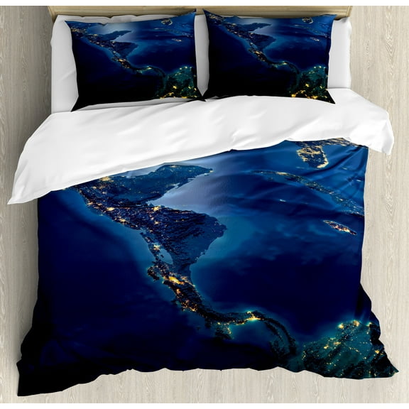 World Duvet Cover Set, Countries Central America Earth at Night Costa Rica Nicaragua Pacific Ocean, Decorative 3 Piece Bedding Set with 2 Pillow Shams, Calking Size, Blue Forest Green, by Ambesonne