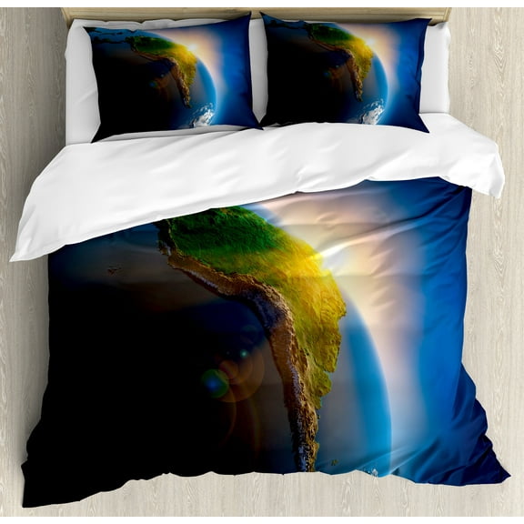 World Duvet Cover Set, Early Morning in South America Continent Rising Sun Day's Cycle Theme, Decorative 3 Piece Bedding Set with 2 Pillow Shams, King Size, Blue Green Earth Yellow, by Ambesonne