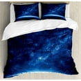 thumbnail image 1 of World Duvet Cover Set, Earth View at Night from Space Atmosphere Stars Cosmic Galaxy Nebula, Decorative 3 Piece Bedding Set with 2 Pillow Shams, Calking Size, Blue and White, by Ambesonne, 1 of 3