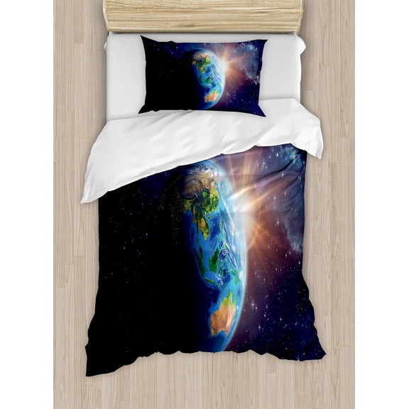 World Duvet Cover Set, Face of Earth in Space View of and Australian Continents and Galaxy, Decorative 2 Piece Bedding Set with 1 Pillow Shams, Twin Size, Dark Blue Green Yellow, by Ambesonne