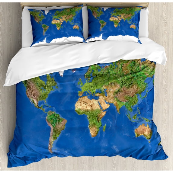 World Duvet Cover Set, Geography Cartography Theme Continents Vegetation Nature Oceans Icy Cold Lands, Decorative 3 Piece Bedding Set with 2 Pillow Shams, King Size, Blue Green White, by Ambesonne