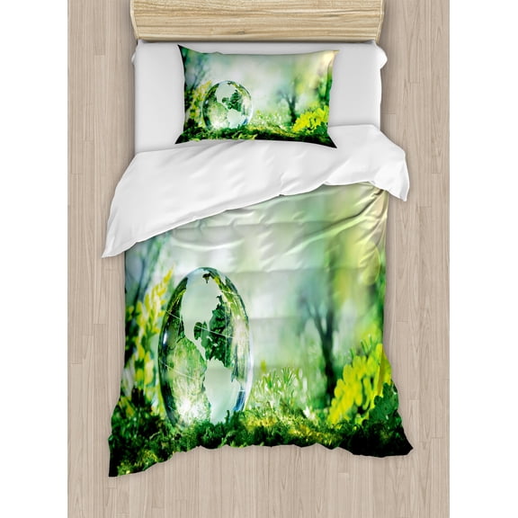 World Duvet Cover Set, Globe on Fresh Green Grass Morning in Forest Natural Reflection Environment Ecology, Decorative 2 Piece Bedding Set with 1 Pillow Shams, Twin Size, Green Yellow, by Ambesonne