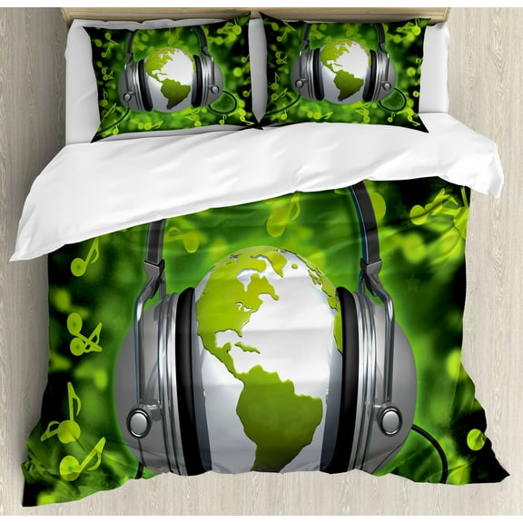 World Duvet Cover Set, World of Music Themed Composition DJ Headphones Musical Notes and Earth Globe, Decorative 3 Piece Bedding Set with 2 Pillow Shams, King Size, Lime Green Grey, by Ambesonne