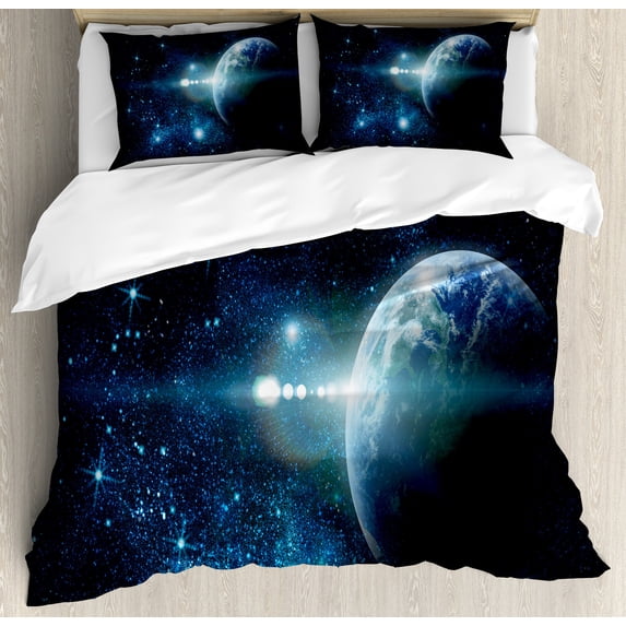 World Duvet Cover Set, Mysterious Outer Space Cosmos Universe Nebula Exploration Fantasy Theme Image, Decorative 3 Piece Bedding Set with 2 Pillow Shams, Queen Size, Dark Blue White, by Ambesonne