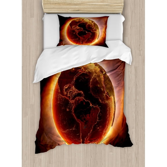 World Duvet Cover Set, Vivid Burning Earth Apocalypse Theme Heat Global Warming Catastrophe Image, Decorative 2 Piece Bedding Set with 1 Pillow Shams, Twin Size, Orange Brown Yellow, by Ambesonne