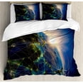 thumbnail image 1 of World Duvet Cover Set, Vivid Globe of World in Space Covered by Luminous Network and Rising Sun Image, Decorative 3 Piece Bedding Set with 2 Pillow Shams, King Size, Blue Yellow Green, by Ambesonne, 1 of 3