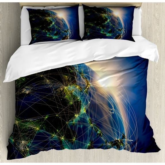 World Duvet Cover Set, Vivid Globe of World in Space Covered by Luminous Network and Rising Sun Image, Decorative 3 Piece Bedding Set with 2 Pillow Shams, Queen Size, Blue Yellow Green, by Ambesonne