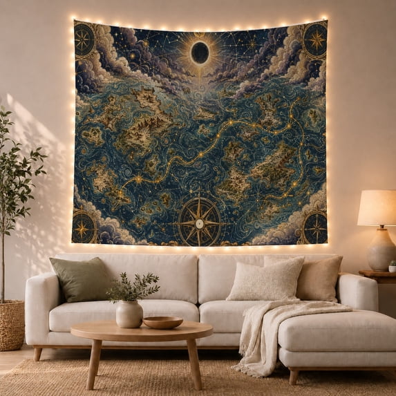 World Eclipsed Radiates with Rays Filled Swirling, Adventurous Vintage for Nautical Decor Lovers, Wall Decor, Valentine'S Day Gift, Tapestry Wall Hanging for Dorm and Living Room
