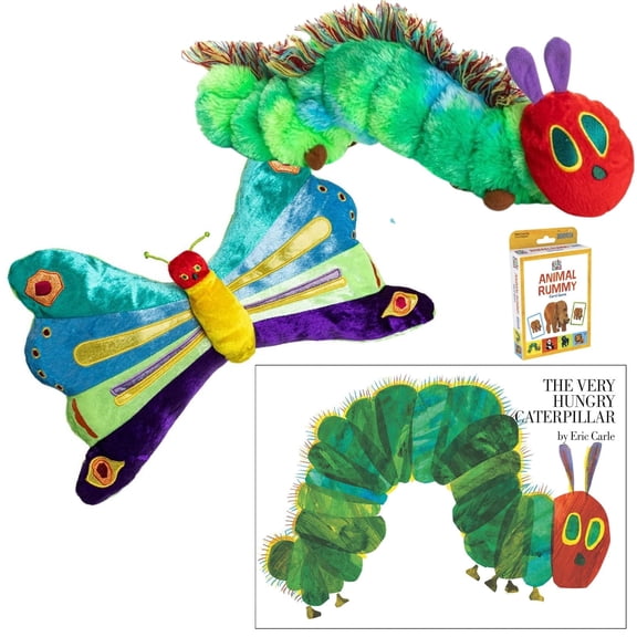 World of Eric Carle The Very Hungry Caterpillar Hardcover, Caterpillar Butterfly Reversible Stuffed Plush Toy, and Animal Rummy Card Game Classic Educational Gift Set) (Toddler)
