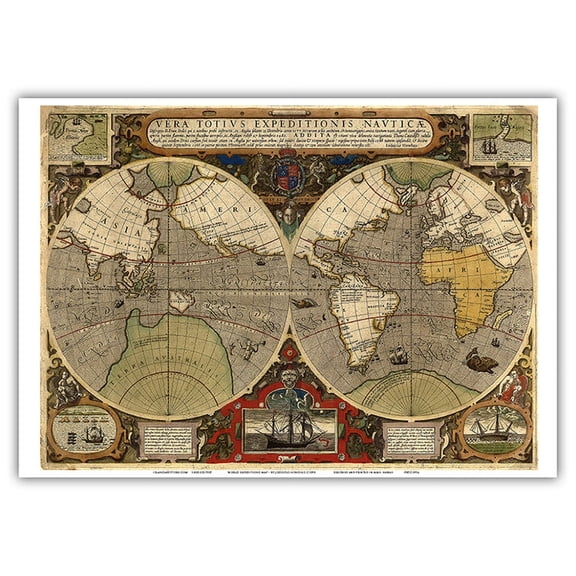World Expeditions Map - Sir Francis Drake and Thomas Cavendish - Vintage Colored Cartographic Map by Jodocus Hondius c.1595 - Master Art Print 10in x 14in