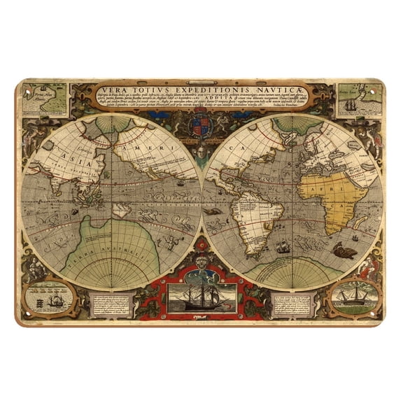 World Expeditions Map - Sir Francis Drake and Thomas Cavendish - Vintage Colored Cartographic Map by Jodocus Hondius c.1595 - 8 x 12 inch Vintage Wood Art Sign