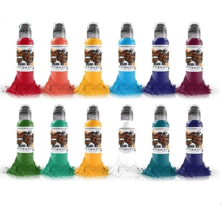 World Famous Tattoo Ink - 12 Primary Color Tattoo Kit #3 - Professional  Tattoo Ink in Color Assortment, Includes White Tattoo Ink - Skin-Safe