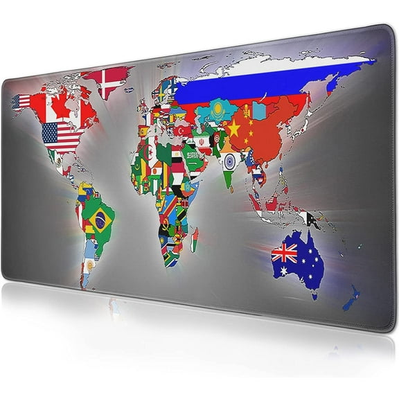 World Flag Map Mouse Pad (31.5x11.8 in) Extended Gaming Mousepad Non-Slip Rubber Base Desk mat for Desktop with Stitched Edges Computer mat for Desk XL