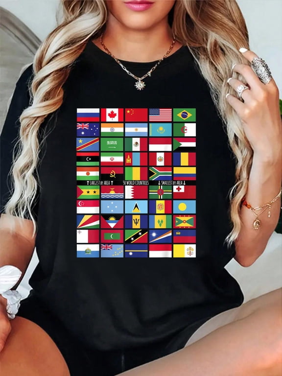 World Flags, 25 Largest & 25 Smallest Countries By Area T-Shirt casual short sleeve crew neck cotton tee tops for women