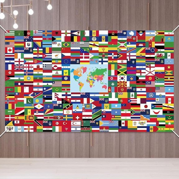 World Flags Banner - 7x5ft Polyester International Flag Backdrop with String for Office, Classroom, Sport, Party & Event Decorations