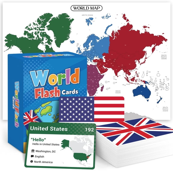 World Flags Flashcards 245+ Country Geography Game Cards Map & Instruction Set