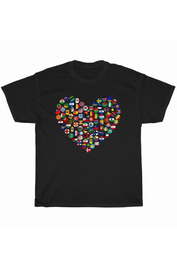 World Flags Heart Earth Day Countries International Unity Theme Unisex T-Shirt, up to size 5XL