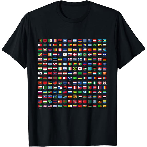 World Flags,Short Sleeve T-Shirt Cool Travel 210 Flag International Tee Black 4X-Large